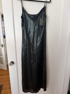 AllSaints Hadley Metallic Midi  Deep Green Satin-Effect Slip Dress